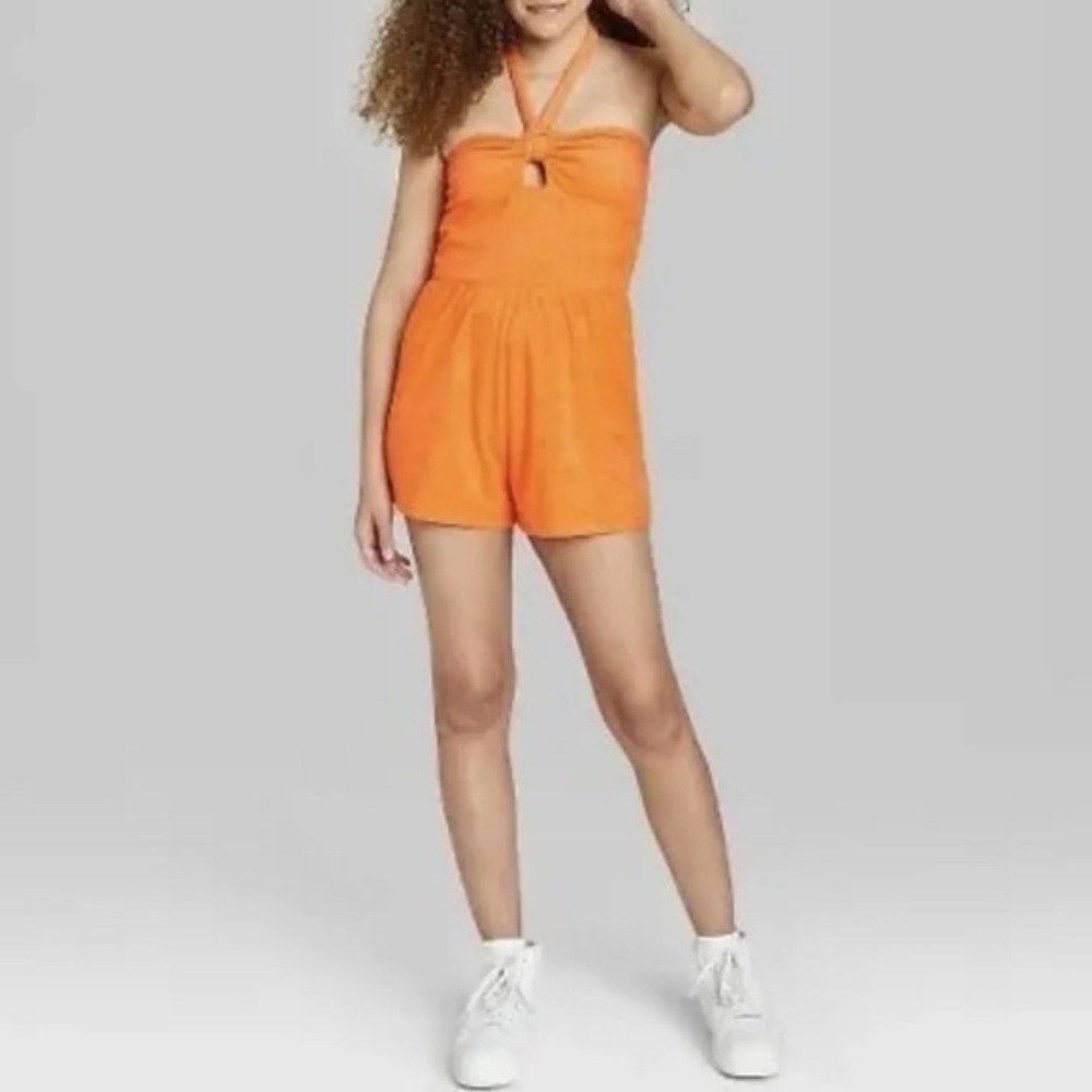NWT Wild Fable Terry Cloth Orange Romper Halter Neck Womens Size Small
